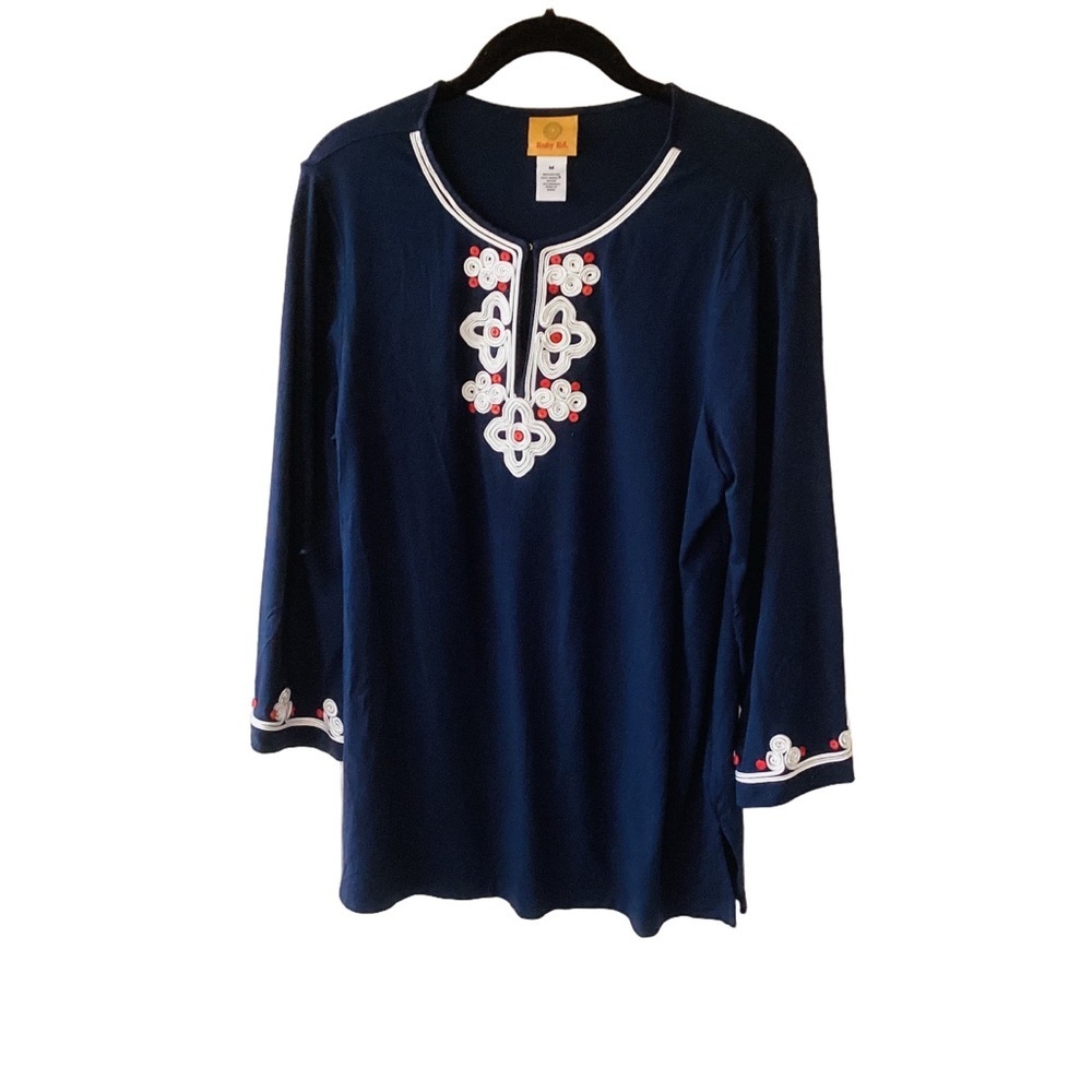 Ruby Rd. Navy Blue Blouse Size M White Embroidery Red Button Detail Modal Blend